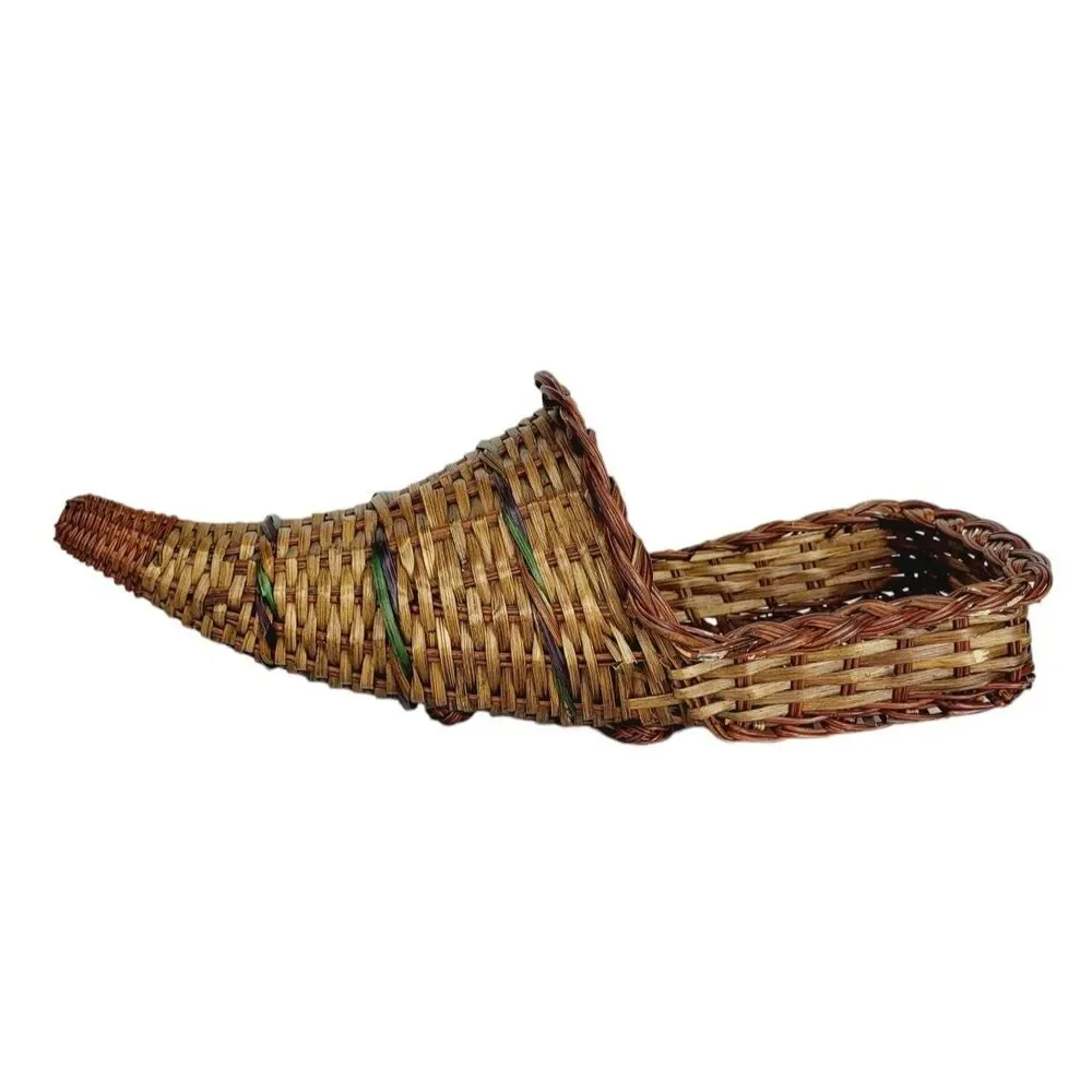 Vintage Horn Of Plenty Cornucopia Woven Wicker Vase Bohemian Boho Basket Wall